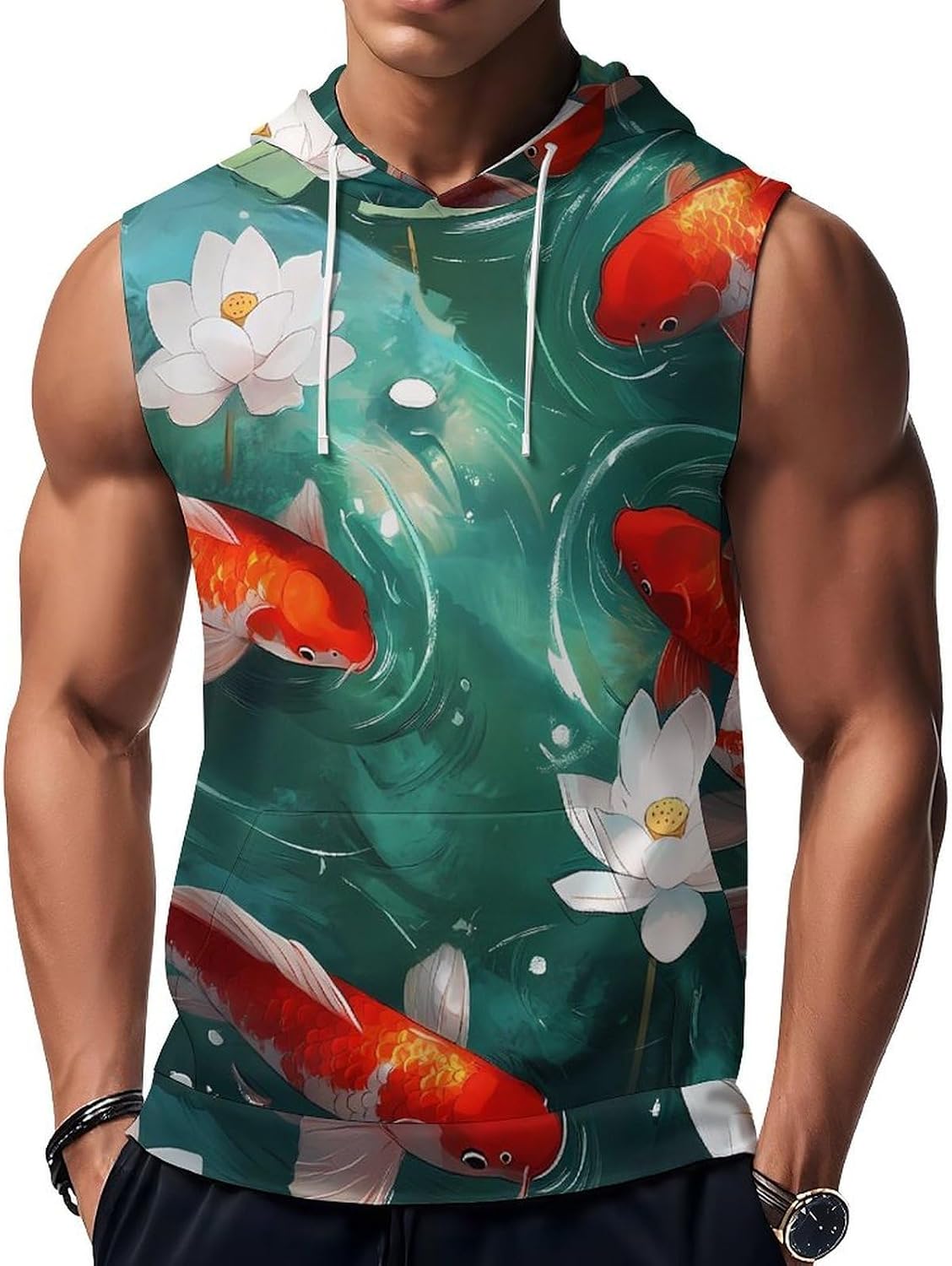 Japanese Fish 's Workout Hooded Tank Tops Casual Gym Hoodies Muscle Cut Off Sleeveless T Shirt