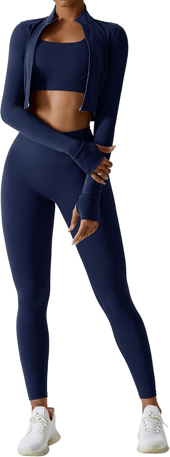 Workout Sets for 3 Piece High Waisted Seamless Leggings Crop Top Jacket Gym Yoga Outfit Stretchy Sports Bra Sets