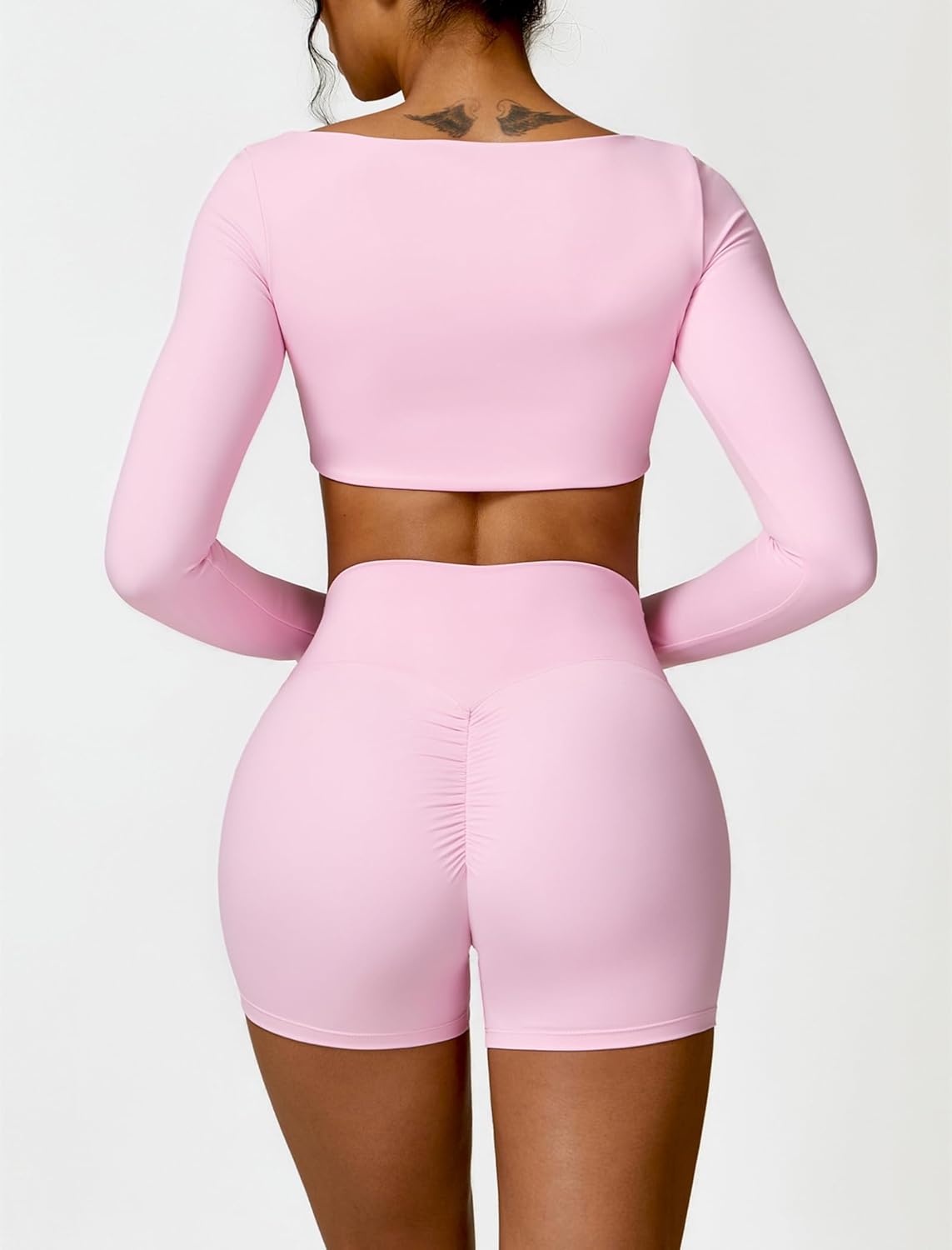 Workout Sets for 2 Piece Square Neck Long Sleeve Crop Tops High Waist Biker Shorts Gym Sets Workout Sets for 2 Piece Square Neck Long Sleeve Crop Tops High Waist Biker Shorts Gym Sets