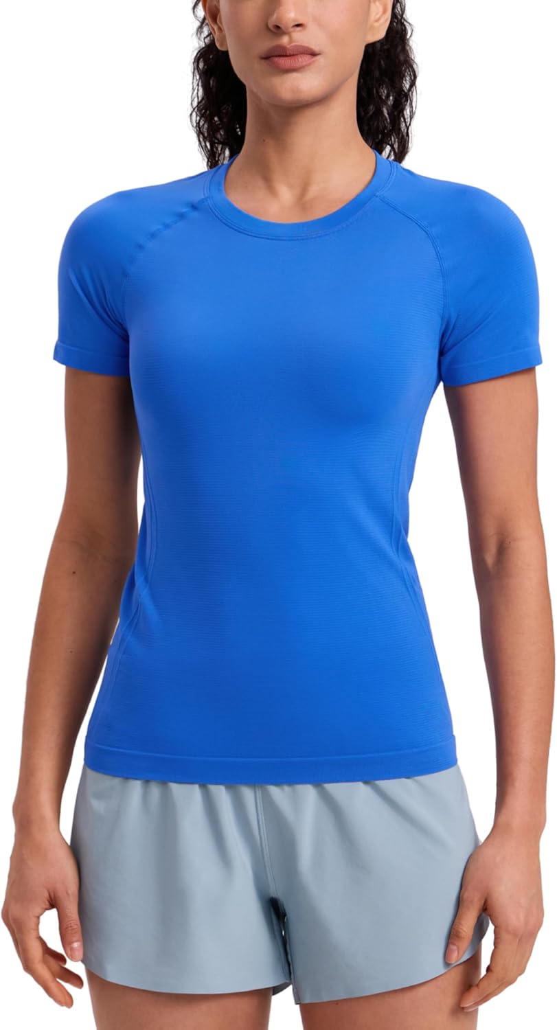 Seamless Workout Tops for Hip Length - Athletic Running Gym Yoga Short Sleeve Shirts Breathable Crewneck Tees
