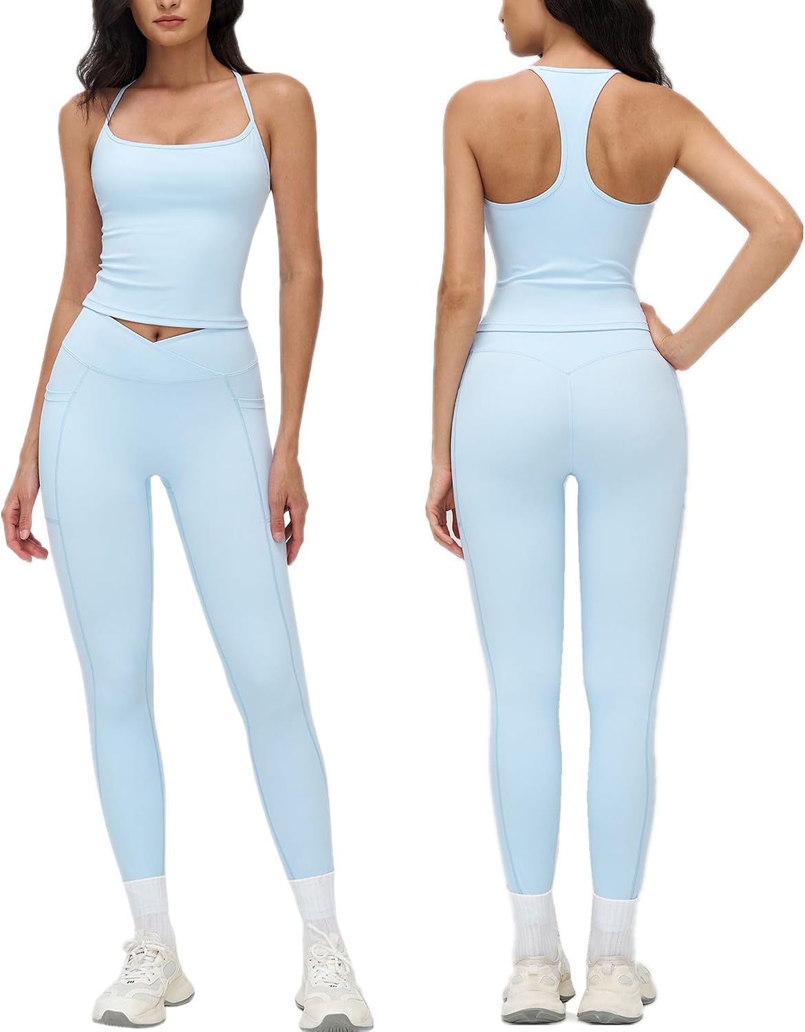 2 Piece Workout Sets for Square Neck Racerback Tank Top Crossover High Waist Leggings with Pockets for Yoga Pilates Gym