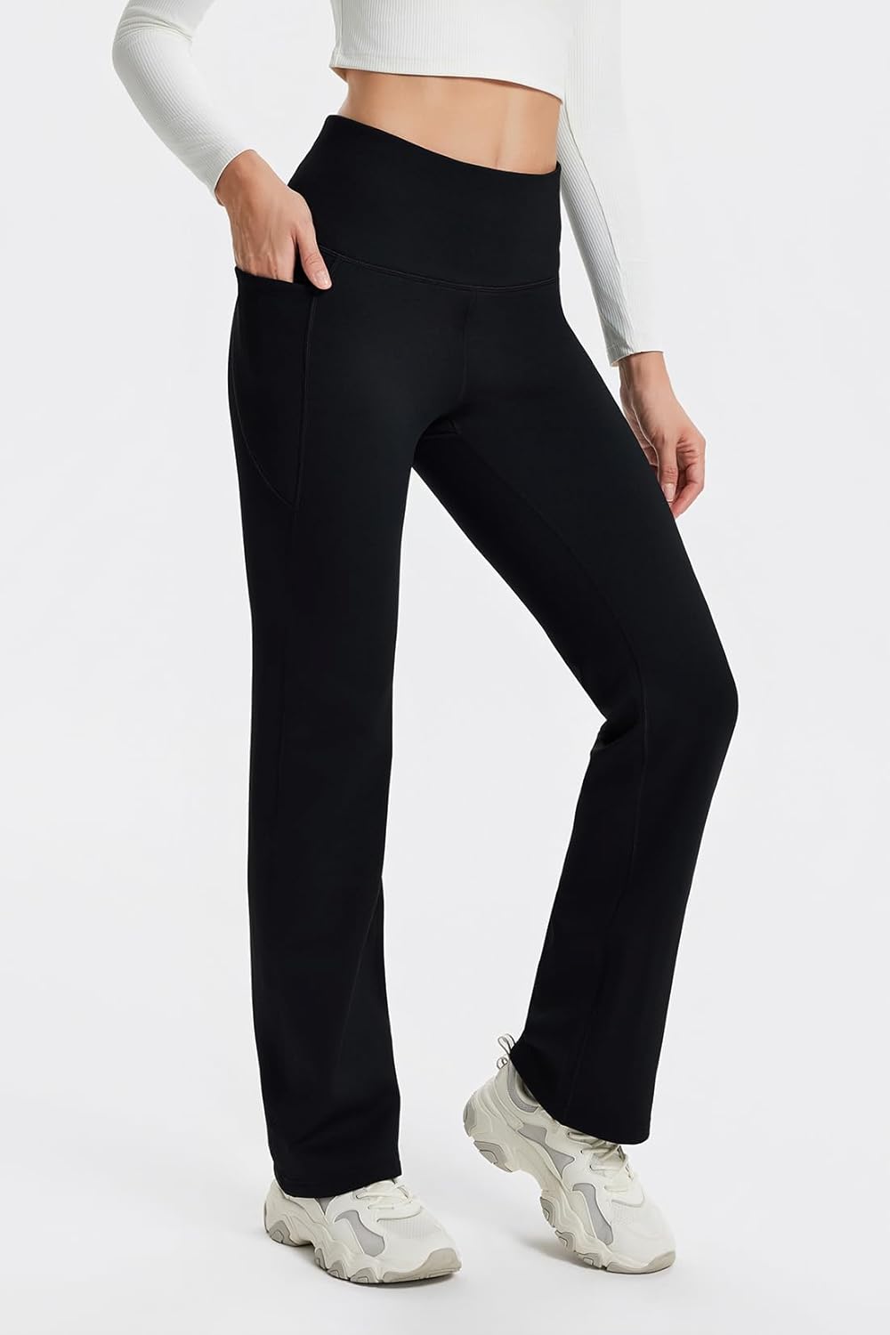 High Rise Thick Fleece Lined Straight Leg Thermal Sweatpants with Side Pockets