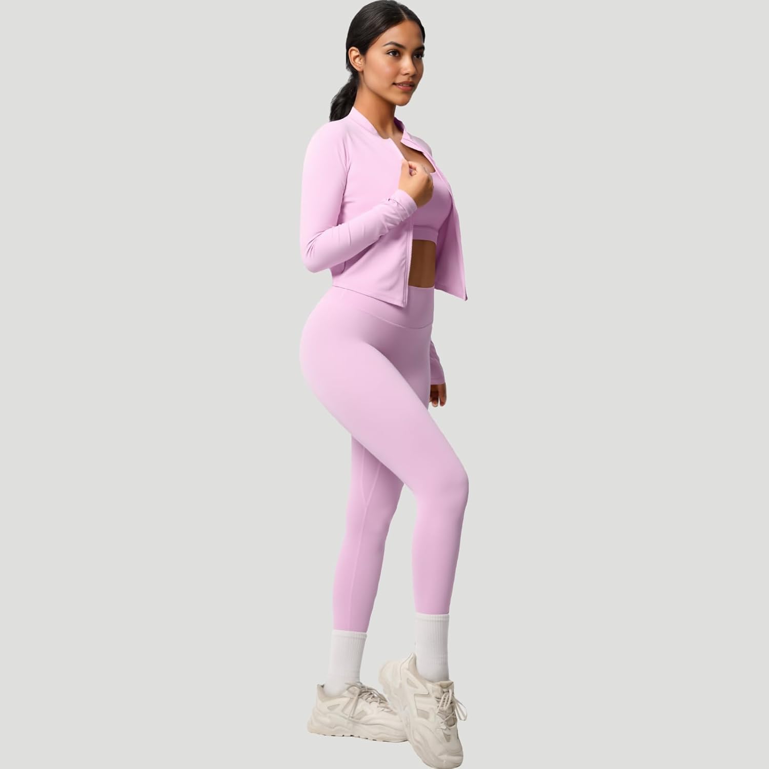 3 Piece \u2019s Workout Set \u2013 Zip-Up Jacket, Sports Bra & High-Waist Leggings \u2013 Stretchy Breathable Yoga Outfit
