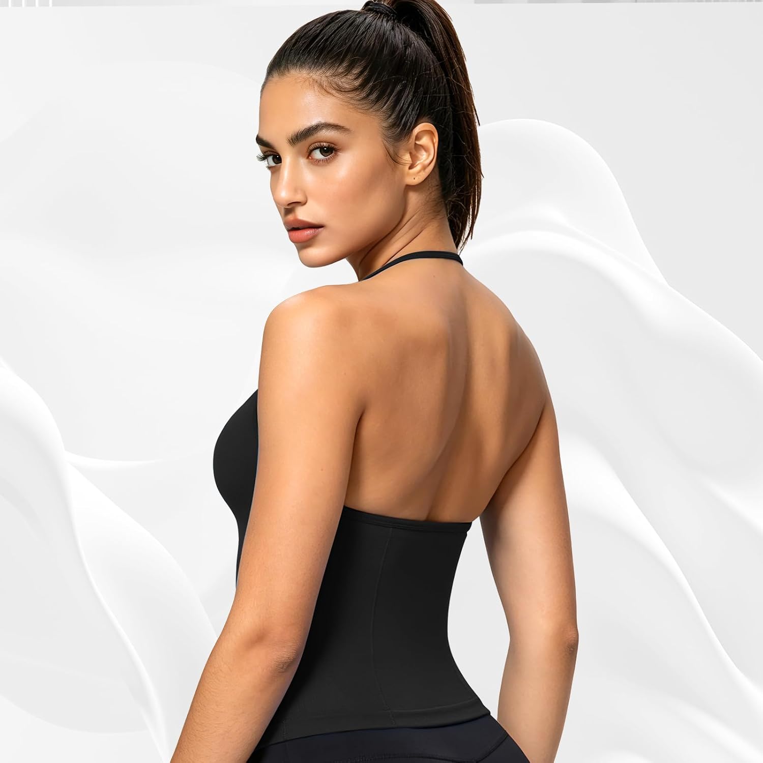 Halter Tank with Built in Bra for V Neck Soft Padded Sports Bras Strappy Tank Backless Workout Gym Top