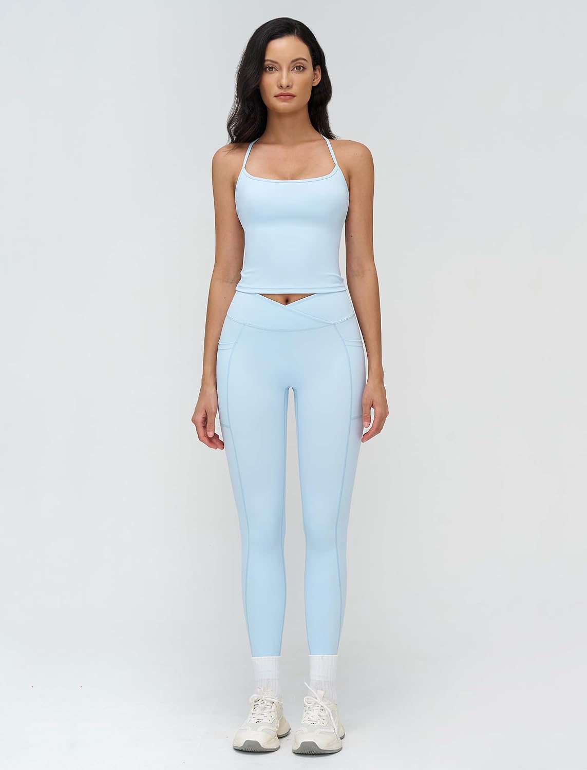 2 Piece Workout Sets for Square Neck Racerback Tank Top Crossover High Waist Leggings with Pockets for Yoga Pilates Gym