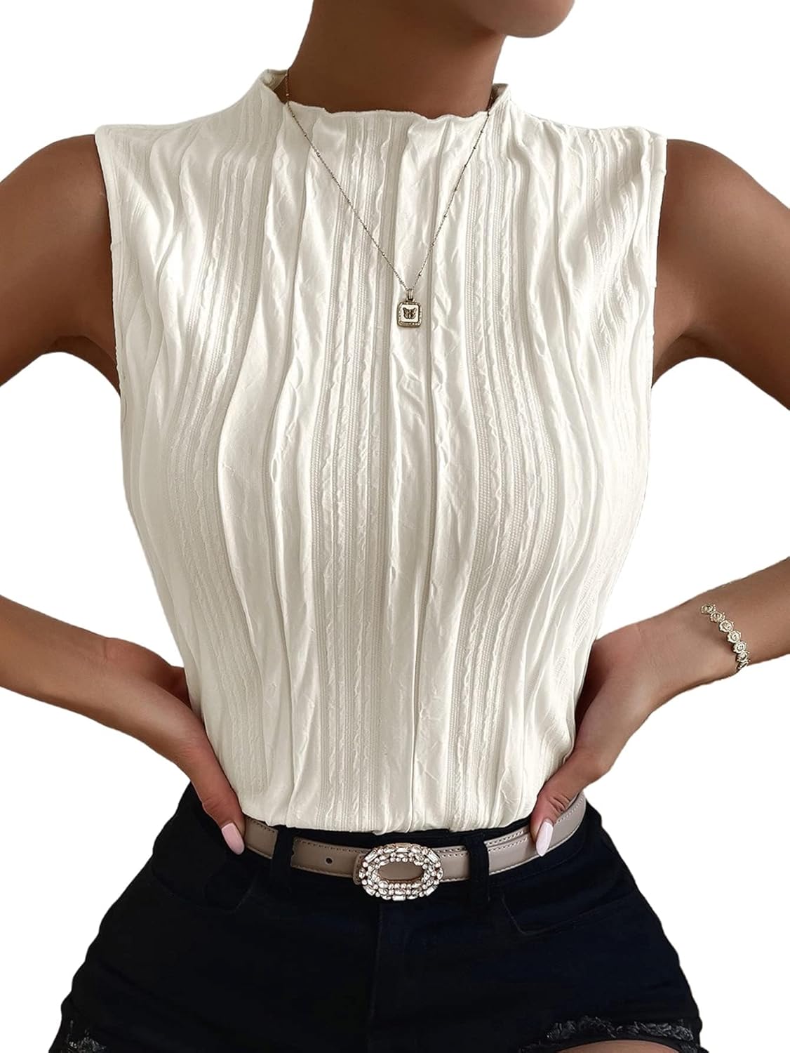 Sleeveless Mock Neck Textured Tank Top Corporate Business Office Outfits Trendy