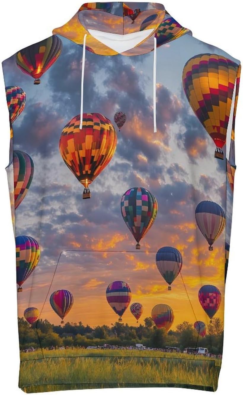 Hot Air-Balloonses 's Workout Hooded Tank Tops Casual Gym Hoodies Muscle Cut Off Sleeveless T Shirt