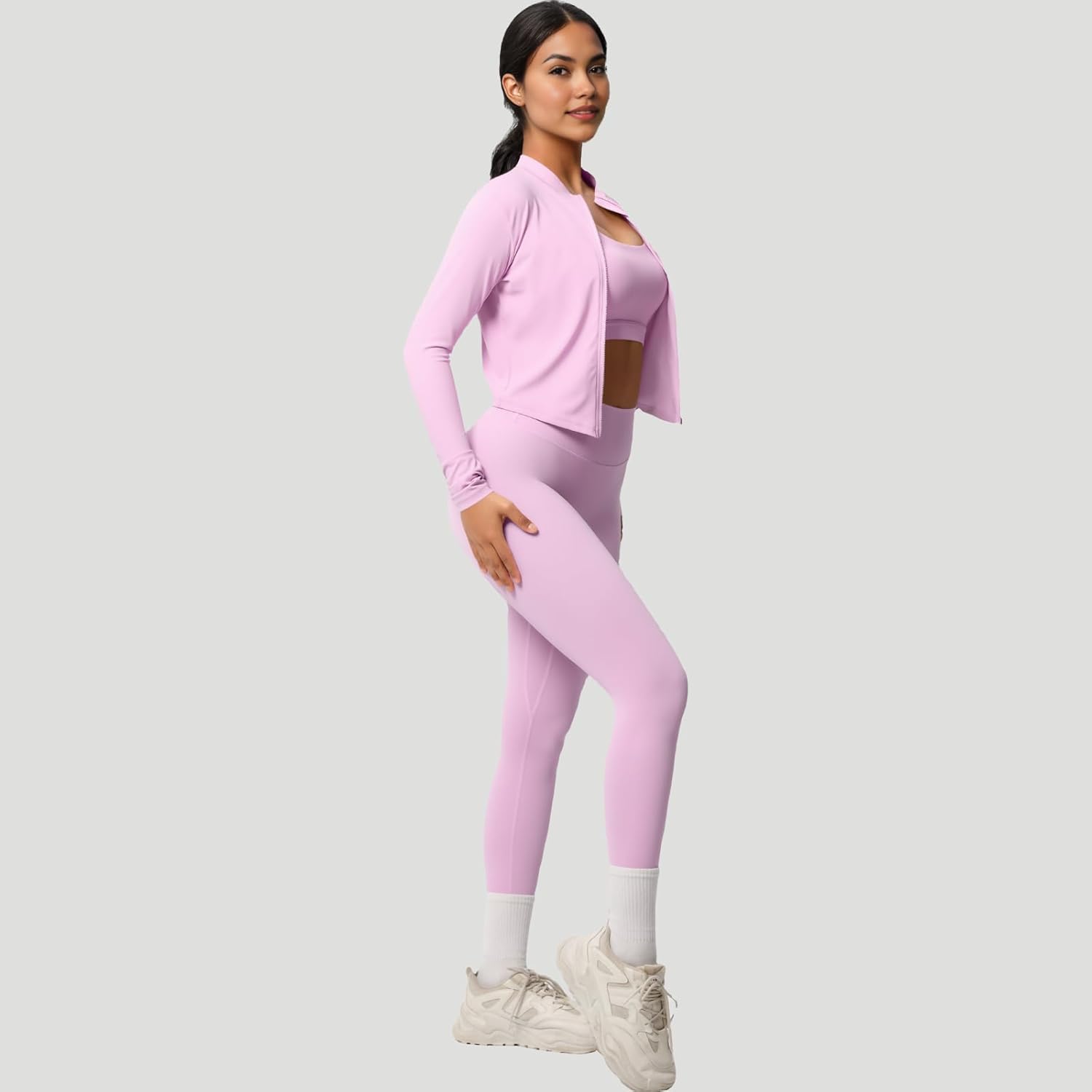 3 Piece \u2019s Workout Set \u2013 Zip-Up Jacket, Sports Bra & High-Waist Leggings \u2013 Stretchy Breathable Yoga Outfit