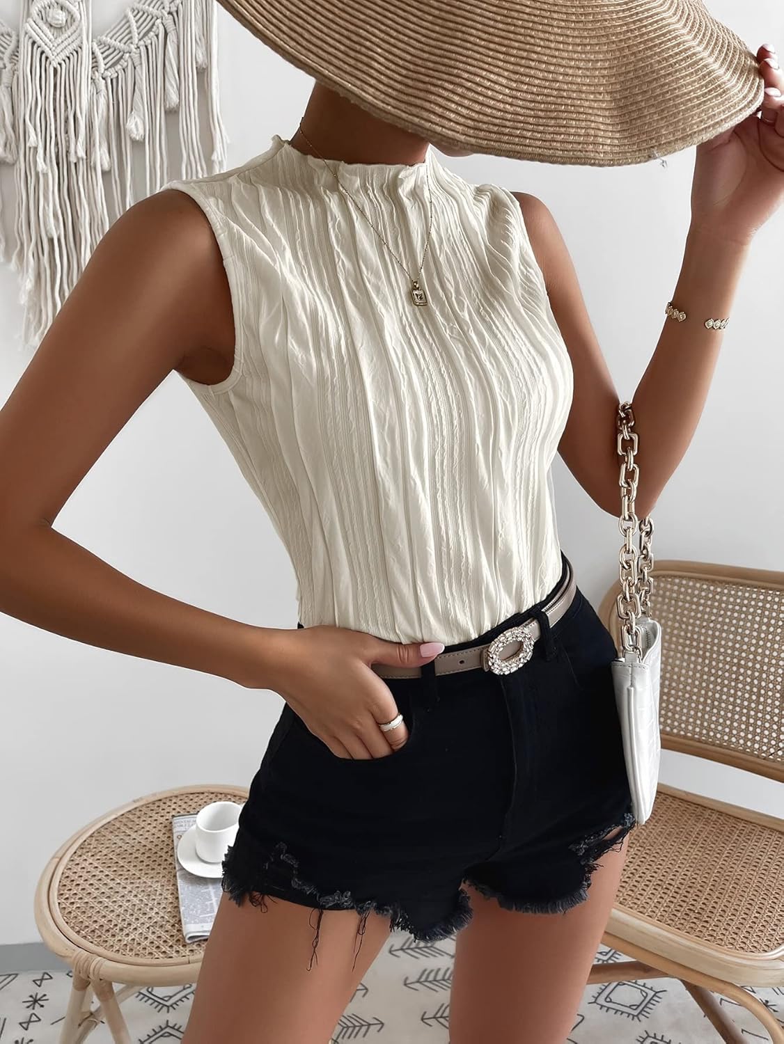 Sleeveless Mock Neck Textured Tank Top Corporate Business Office Outfits Trendy