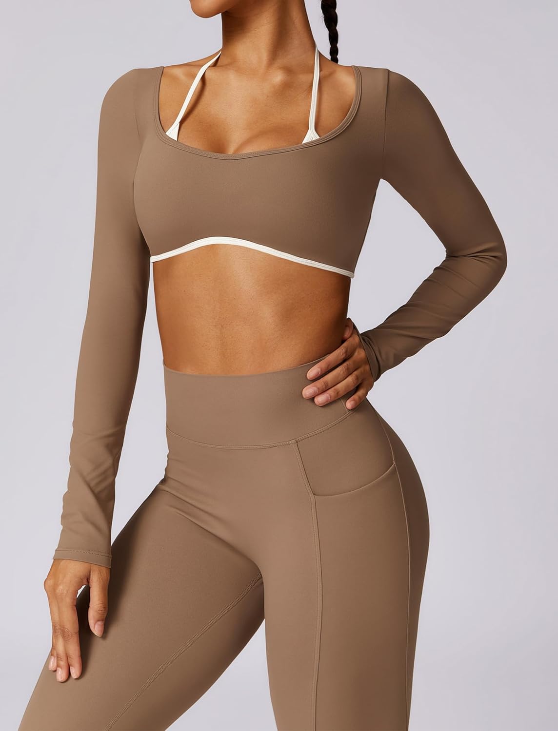 Workout Sets for 2 Piece Outfits Seamless High Waist Leggings Yoga Long Sleeve Crop Tops Athletic Gym Sets