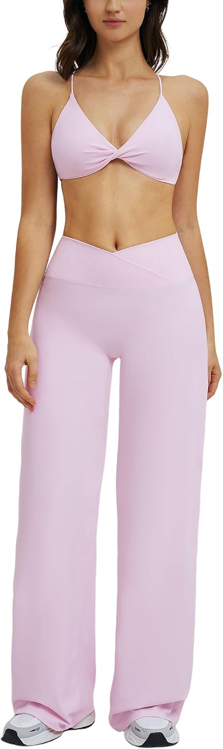 Workout Sets for Twist Front Sports Bra Matching Cross Waist Wide Leg Yoga Pants Gym Pilates Outfits