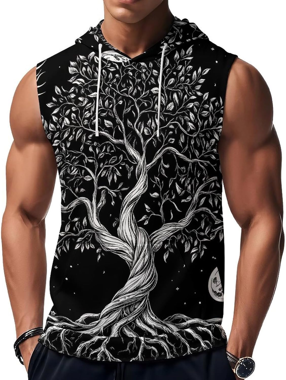 Sun and Moon Workout Hooded Tank Tops Casual Gym Hoodies Muscle Cut Off Sleeveless T Shirt