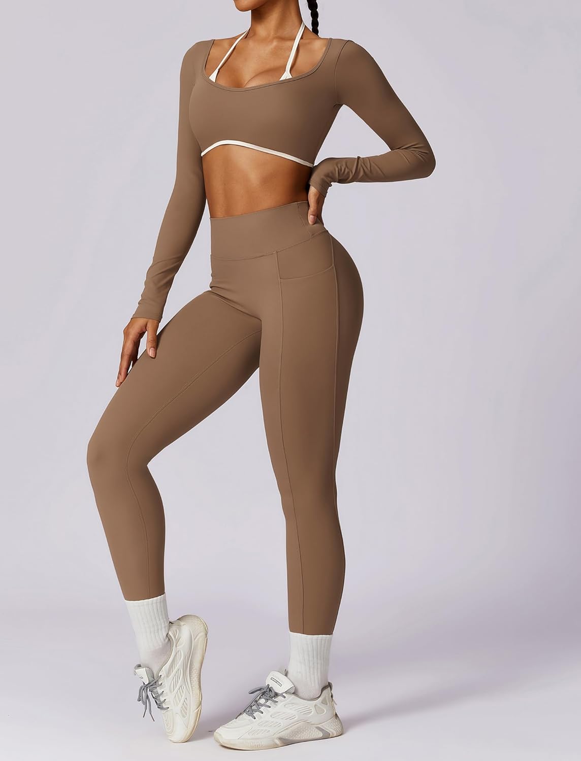 Workout Sets for 2 Piece Outfits Seamless High Waist Leggings Yoga Long Sleeve Crop Tops Athletic Gym Sets