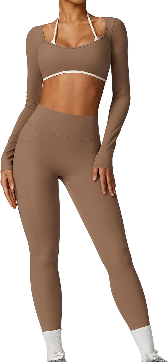 Workout Sets for 2 Piece Outfits Seamless High Waist Leggings Yoga Long Sleeve Crop Tops Athletic Gym Sets