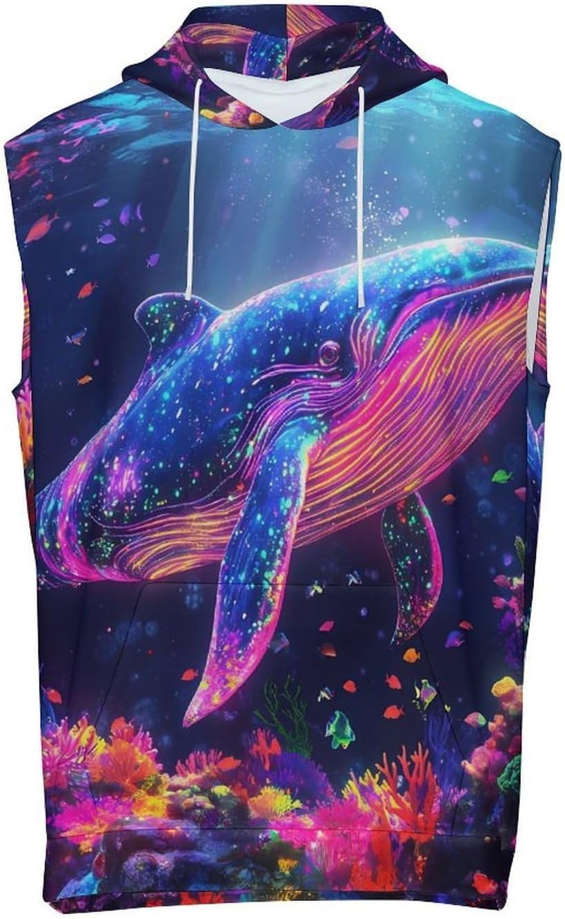 Rainbow Whale 's Workout Hooded Tank Tops Casual Gym Hoodies Muscle Cut Off Sleeveless T Shirt