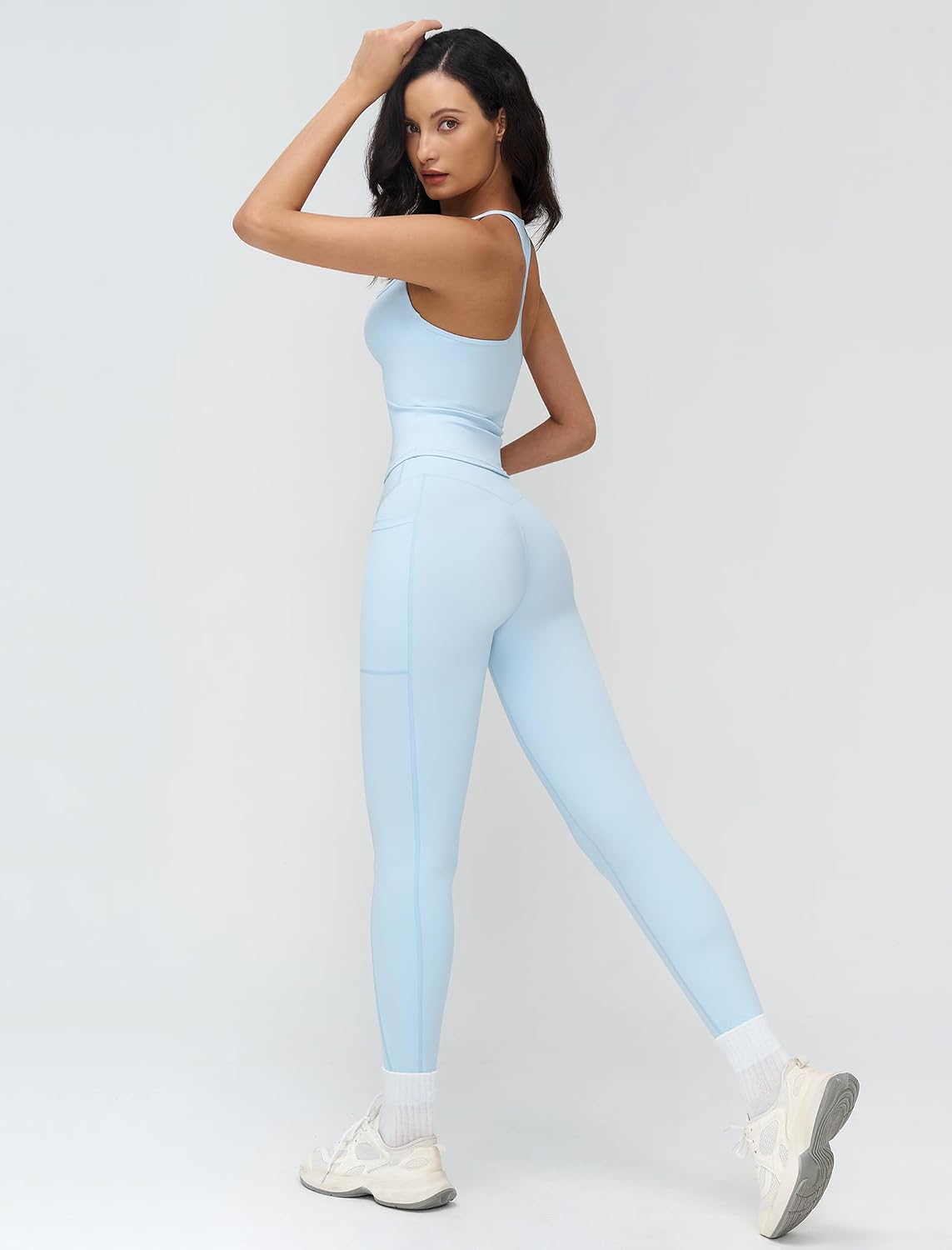 2 Piece Workout Sets for Square Neck Racerback Tank Top Crossover High Waist Leggings with Pockets for Yoga Pilates Gym
