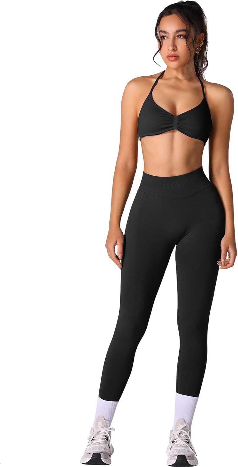 Workout Sets for 2 Piece Seamless Halter Sports Bra Scrunch Butt High Waist Leggings Gym Yoga Outfits