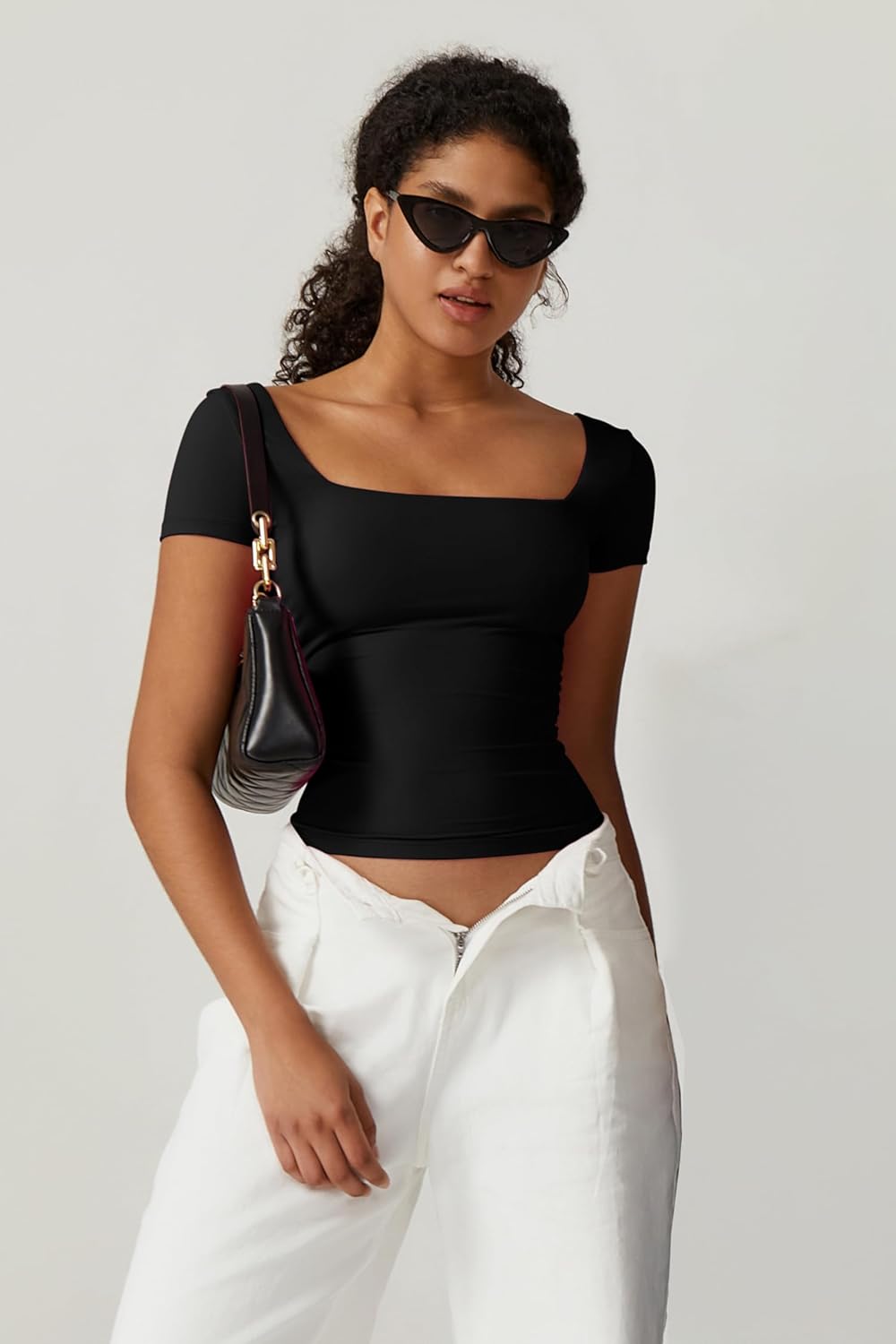 Square Neck Short Sleeve Double-Layer Tops Basic Loose Fit Going Out T Shirt