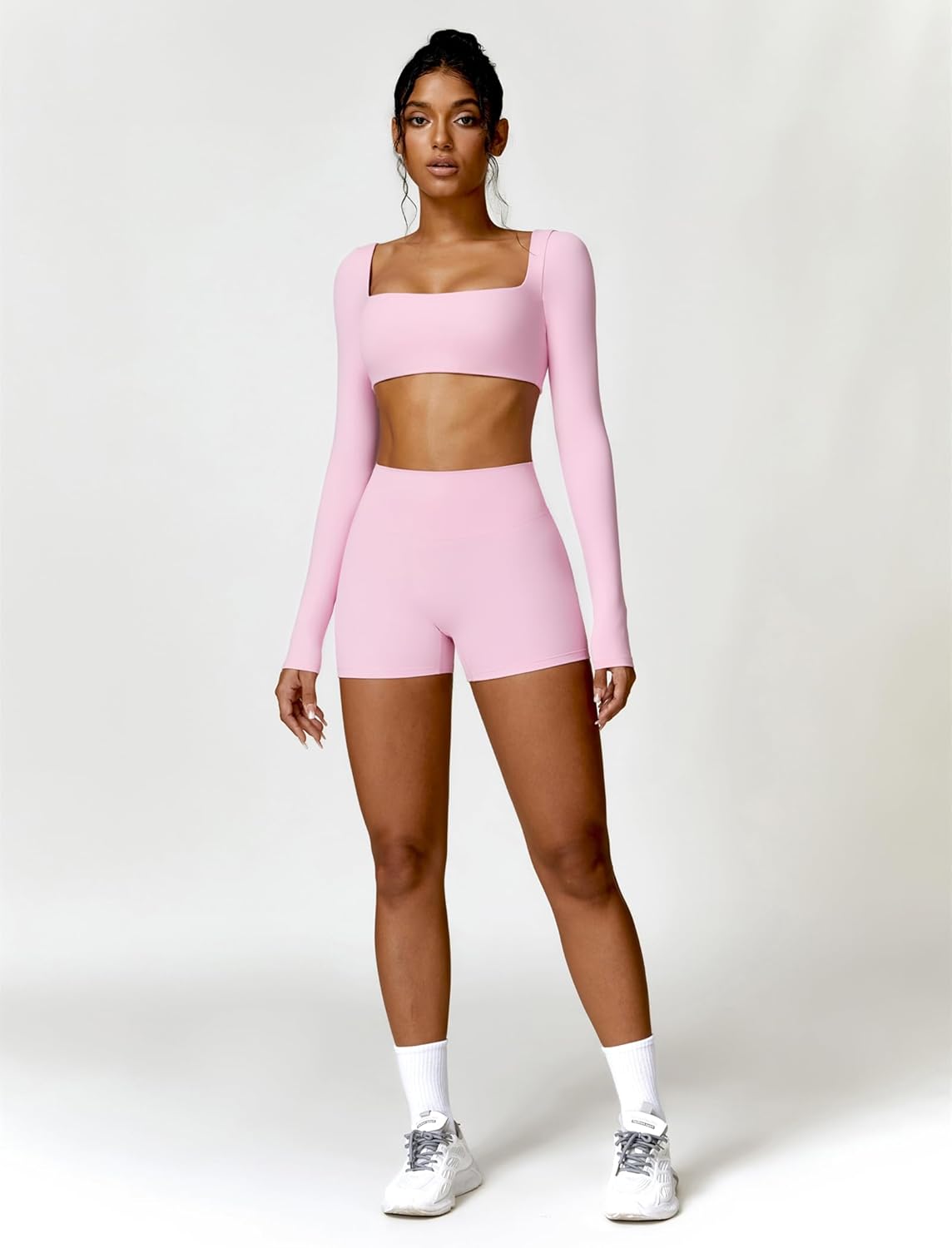 Workout Sets for 2 Piece Square Neck Long Sleeve Crop Tops High Waist Biker Shorts Gym Sets Workout Sets for 2 Piece Square Neck Long Sleeve Crop Tops High Waist Biker Shorts Gym Sets