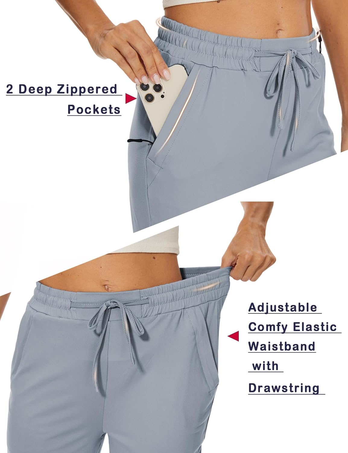 Casual Capris with Deep Zipper Pockets Drawstring Comfy Tapered Sweatpants for Golf Athletic Travel Work