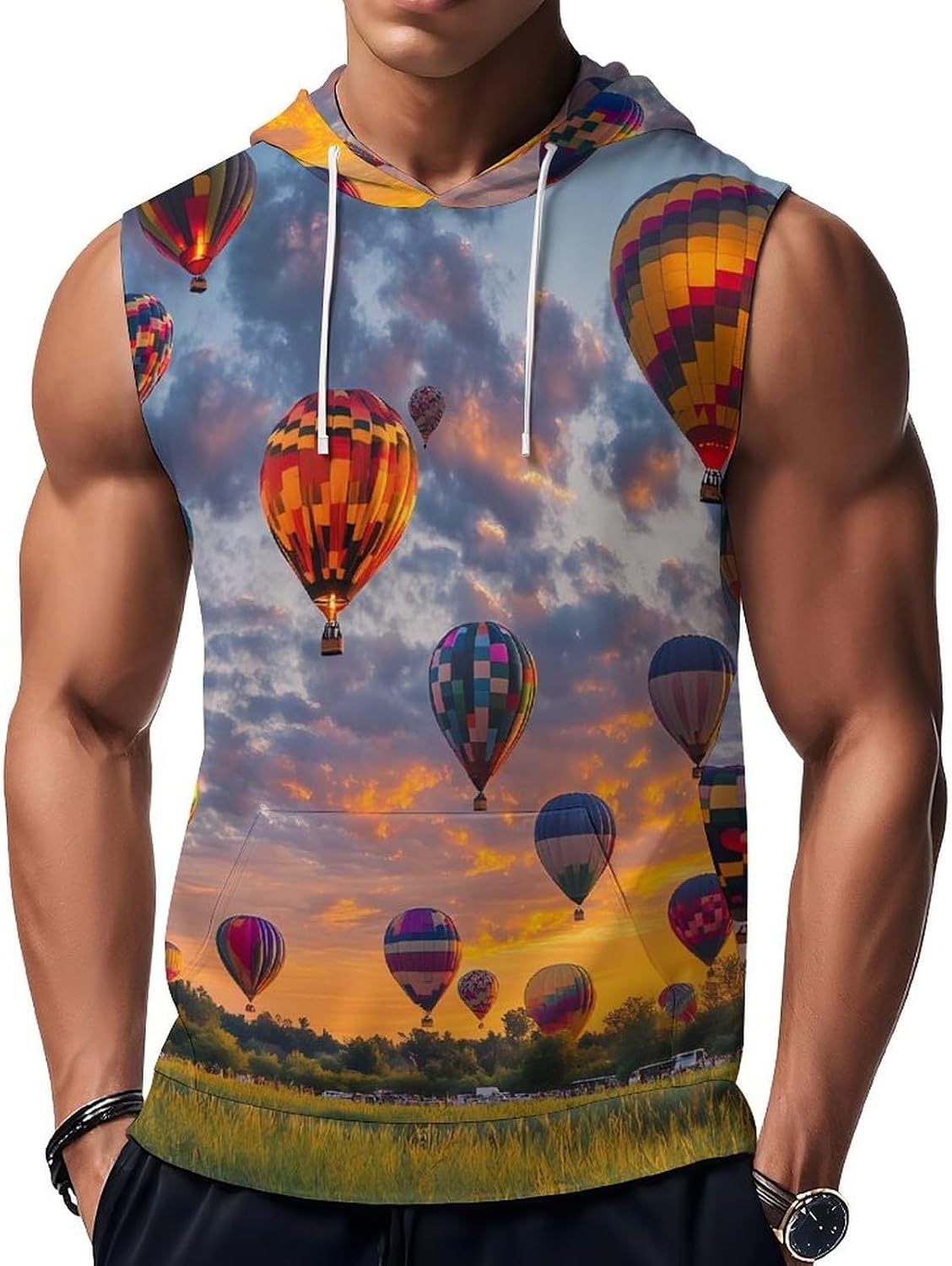 Hot Air-Balloonses 's Workout Hooded Tank Tops Casual Gym Hoodies Muscle Cut Off Sleeveless T Shirt
