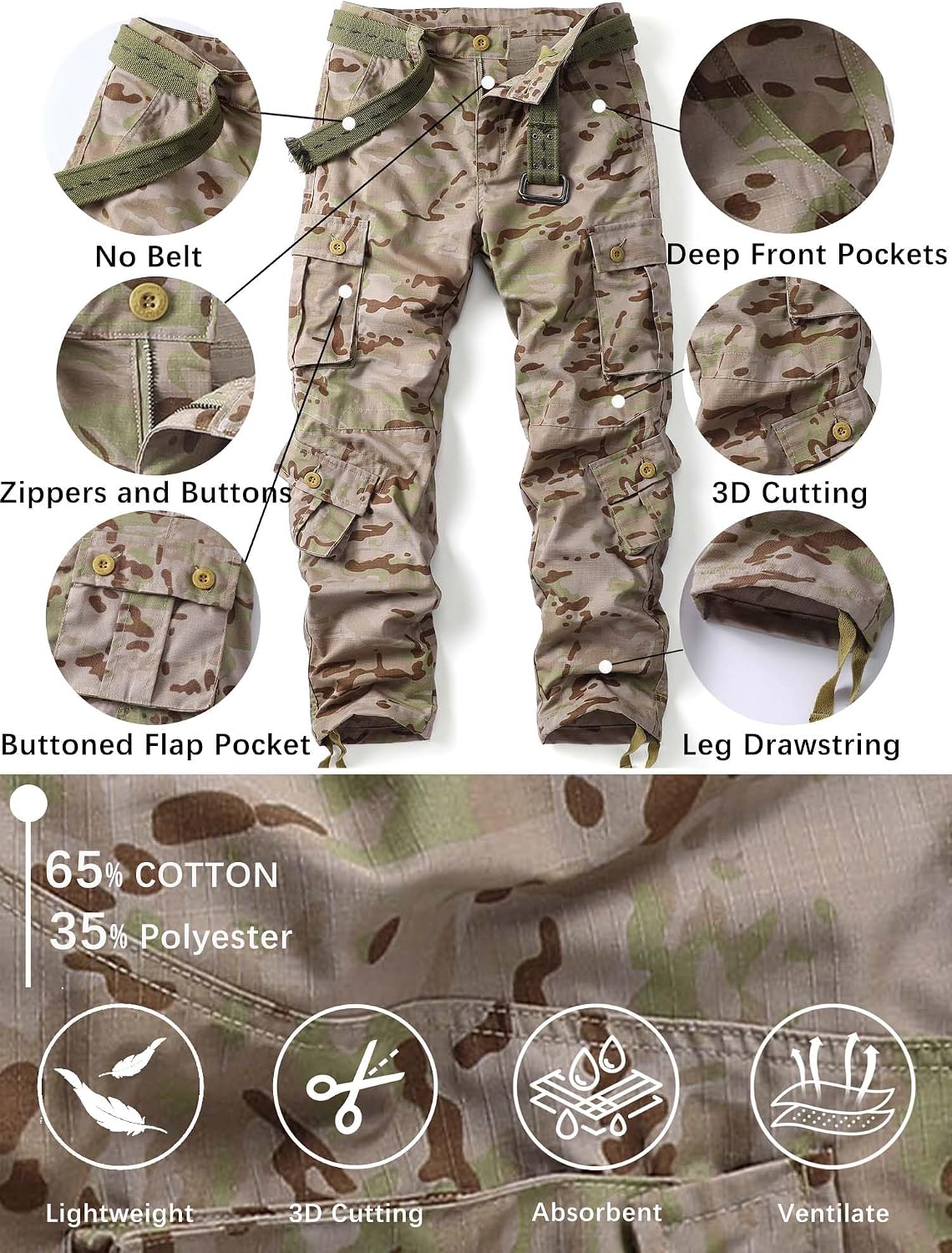 Camo Cargo Work Pants Ripstop Wild Army Military BDU Outdoor Trousers with 8 Pocktets (No Belt)