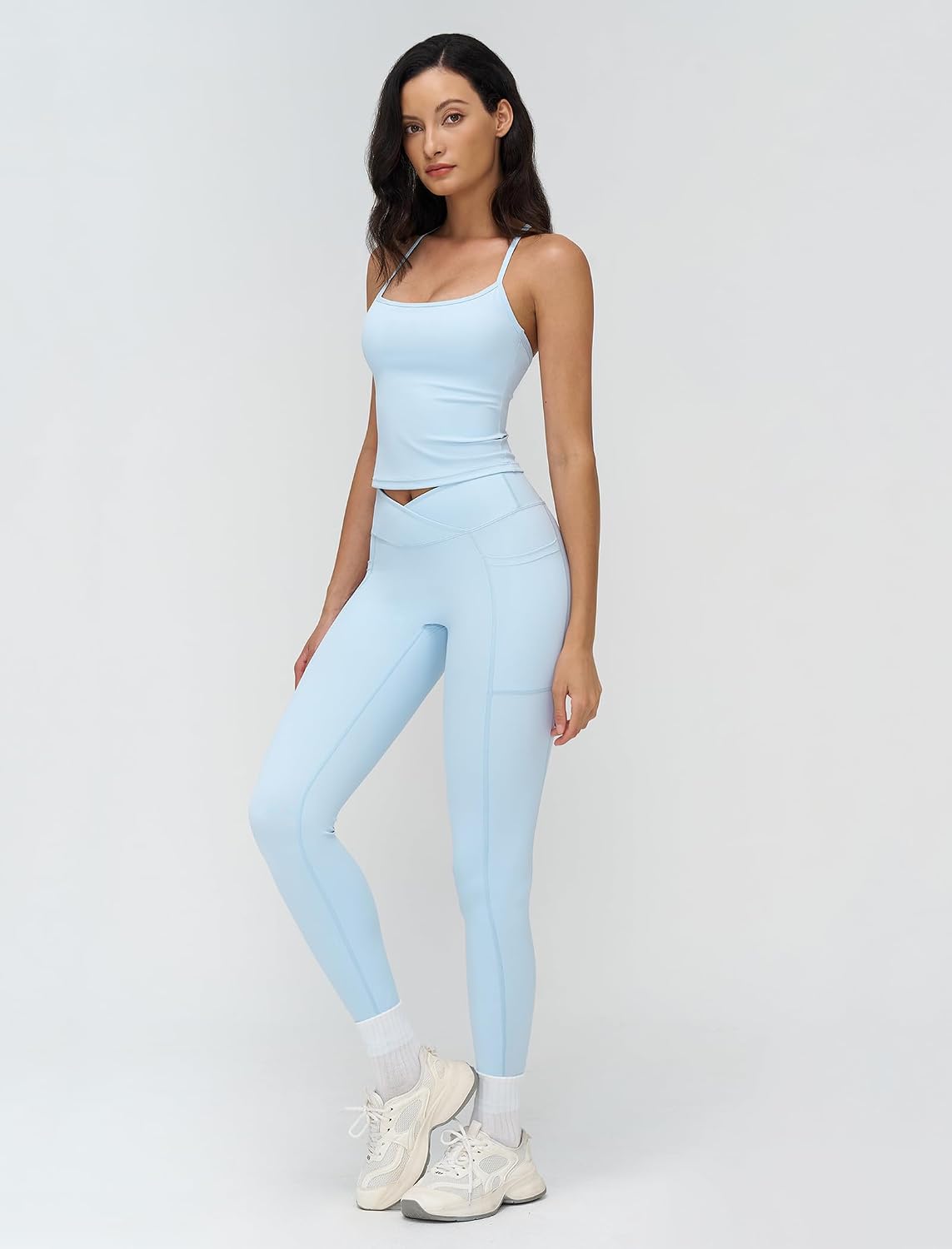2 Piece Workout Sets for Square Neck Racerback Tank Top Crossover High Waist Leggings with Pockets for Yoga Pilates Gym