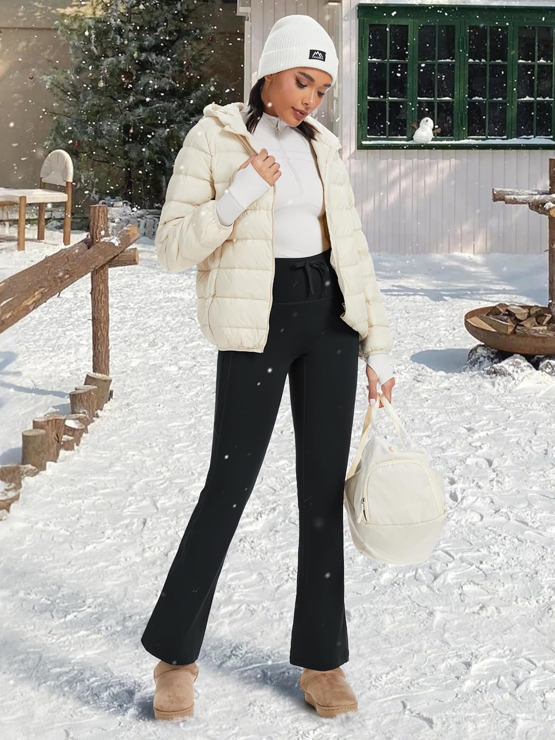 Fleece Lined Pants Winter Thermal Warm Bootcut Flare Leggings Hiking Yoga Pants with Pockets