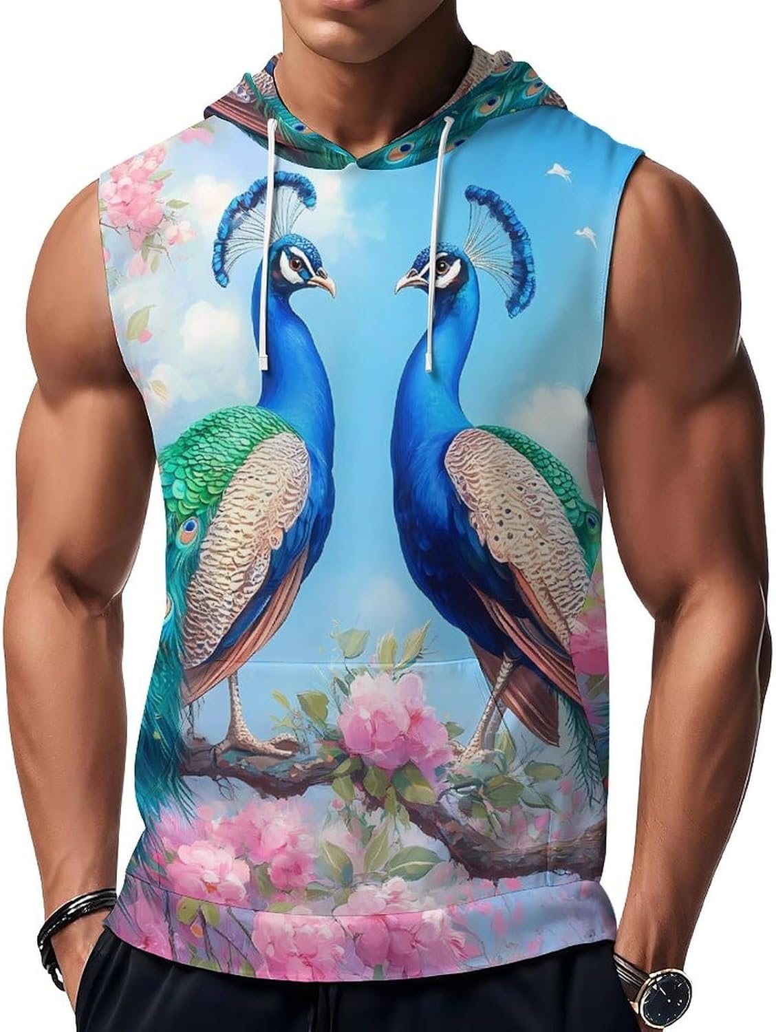 Peacock 's Workout Hooded Tank Tops Casual Gym Hoodies Muscle Cut Off Sleeveless T Shirt