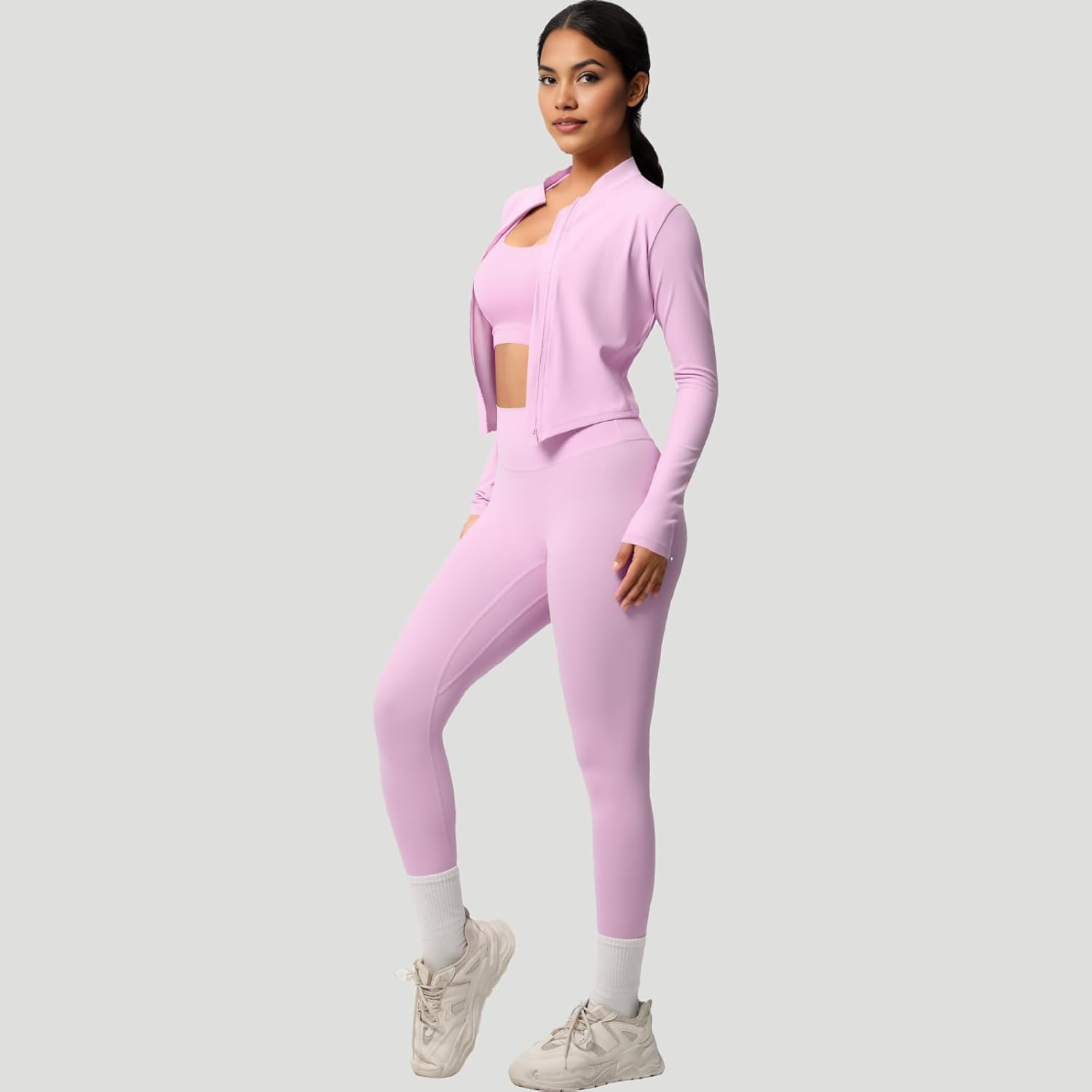 3 Piece \u2019s Workout Set \u2013 Zip-Up Jacket, Sports Bra & High-Waist Leggings \u2013 Stretchy Breathable Yoga Outfit