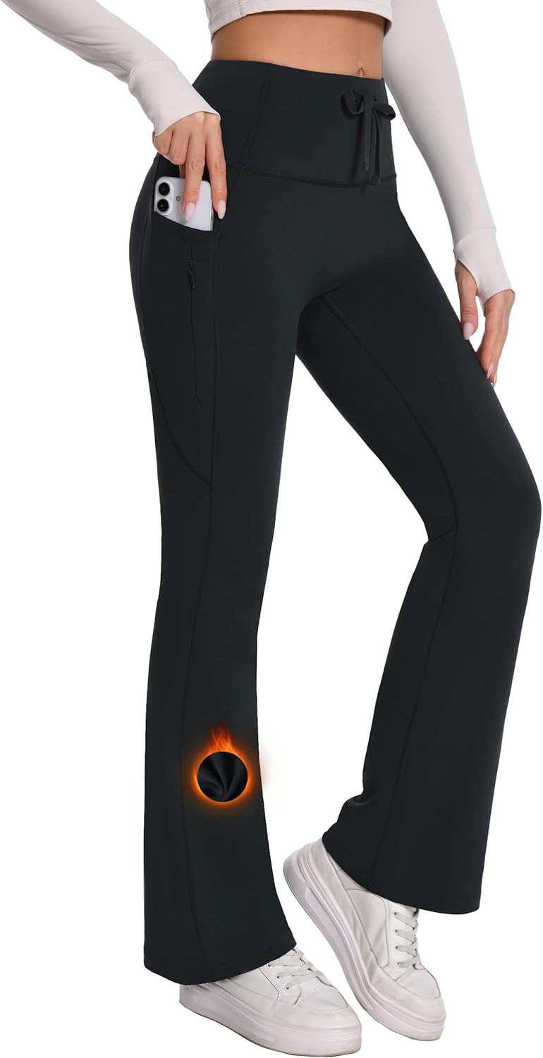 Fleece Lined Pants Winter Thermal Warm Bootcut Flare Leggings Hiking Yoga Pants with Pockets