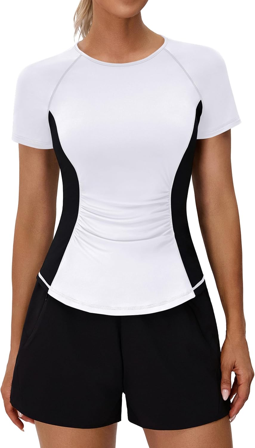 Workout Tops Athletic Short Sleeve T Shirt Color Block Running Shirts Gym Clothes Summer Outfits Blouses