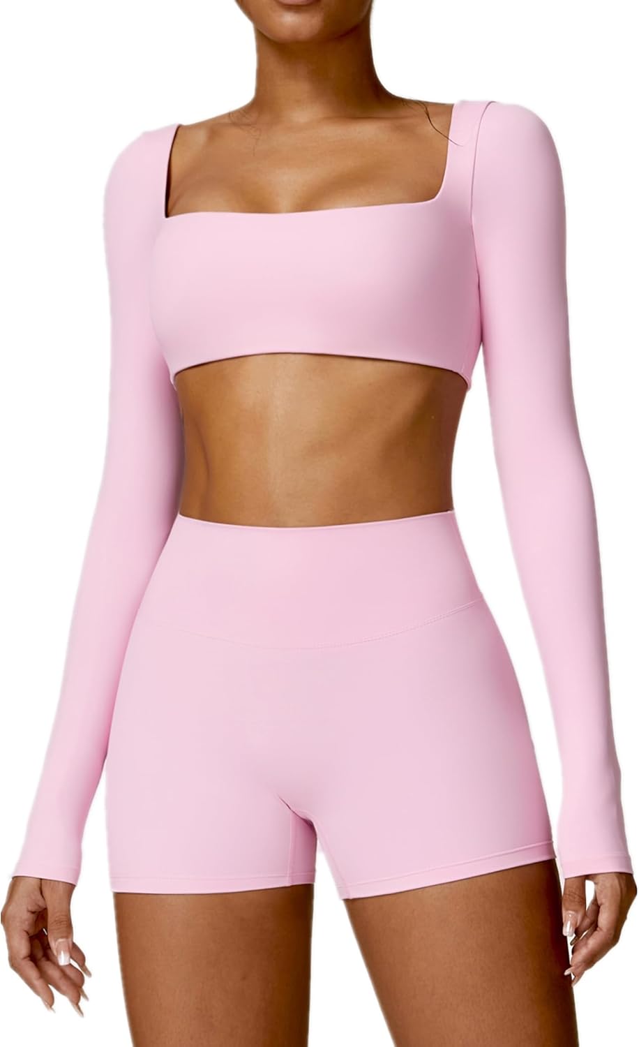 Workout Sets for 2 Piece Square Neck Long Sleeve Crop Tops High Waist Biker Shorts Gym Sets