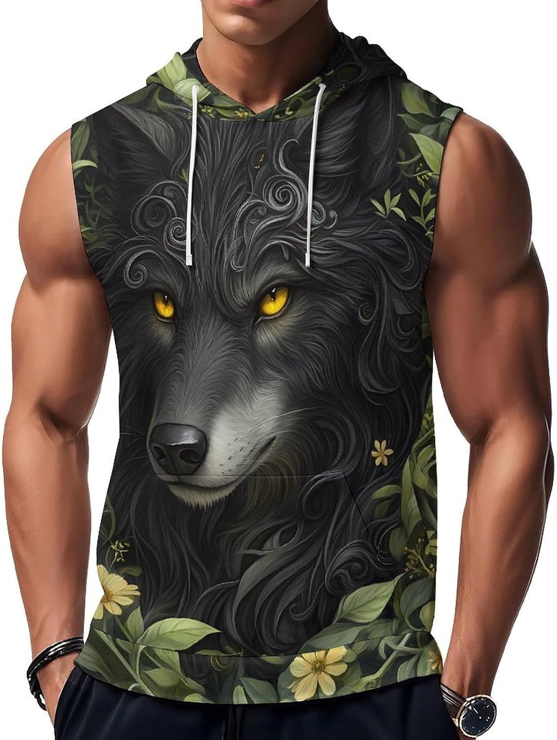 Wolf 's Workout Hooded Tank Tops Casual Gym Hoodies Muscle Cut Off Sleeveless T Shirt