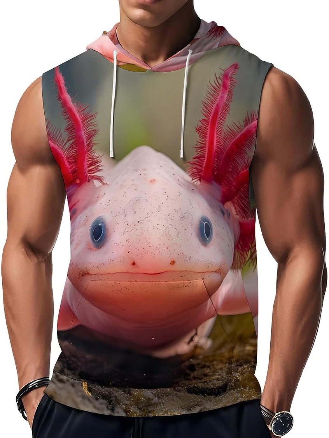 Axolotl 's Workout Hooded Tank Tops Casual Gym Hoodies Muscle Cut Off Sleeveless T Shirt