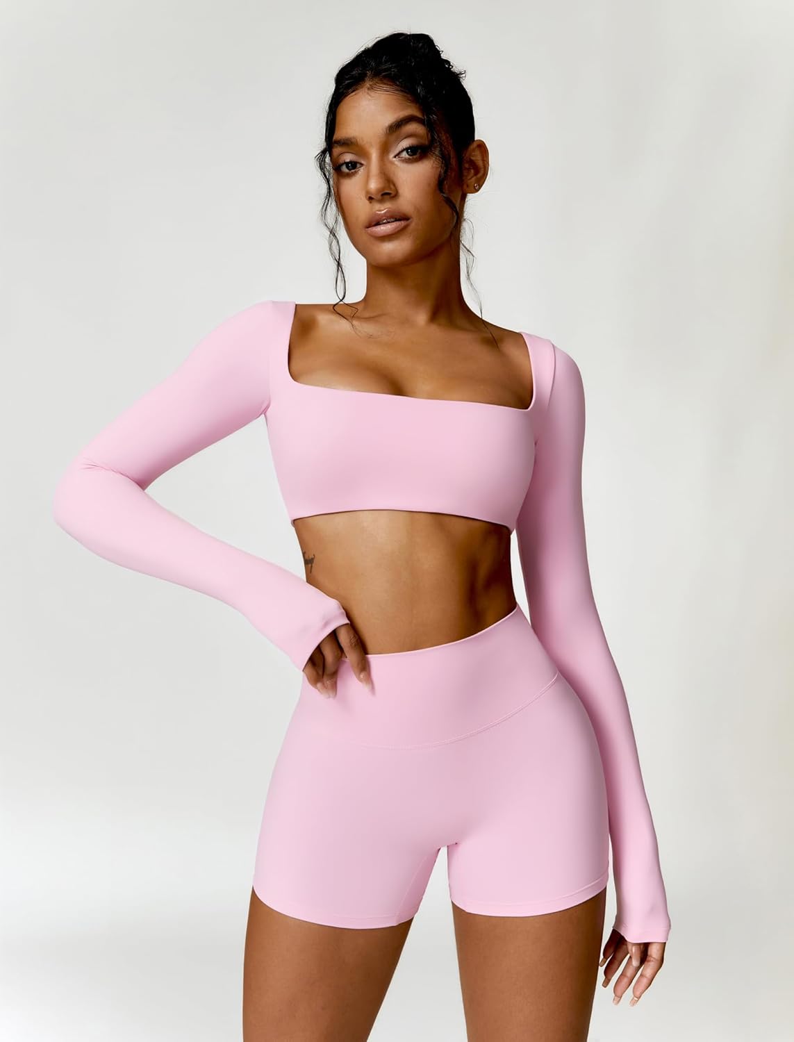 Workout Sets for 2 Piece Square Neck Long Sleeve Crop Tops High Waist Biker Shorts Gym Sets Workout Sets for 2 Piece Square Neck Long Sleeve Crop Tops High Waist Biker Shorts Gym Sets