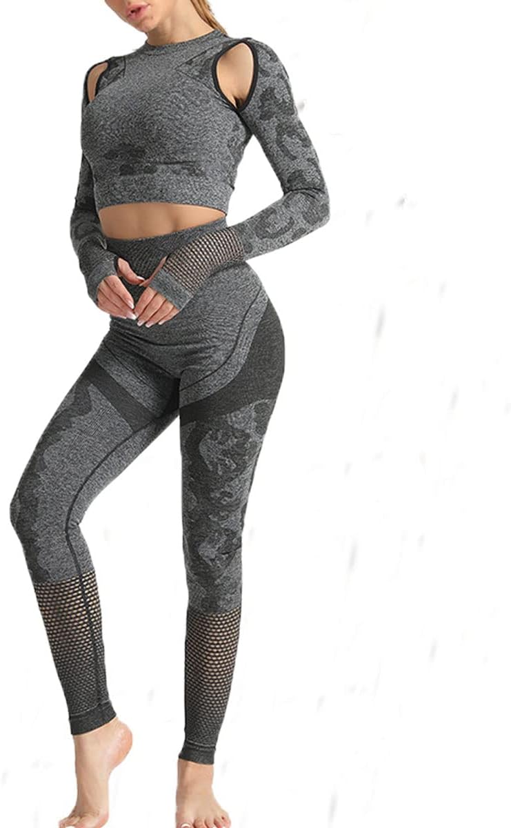 Workout Yoga Outfits Sets for Activewear High Waist Butt Lifters Leggings 2 Piece Leopard Fitness Clothes