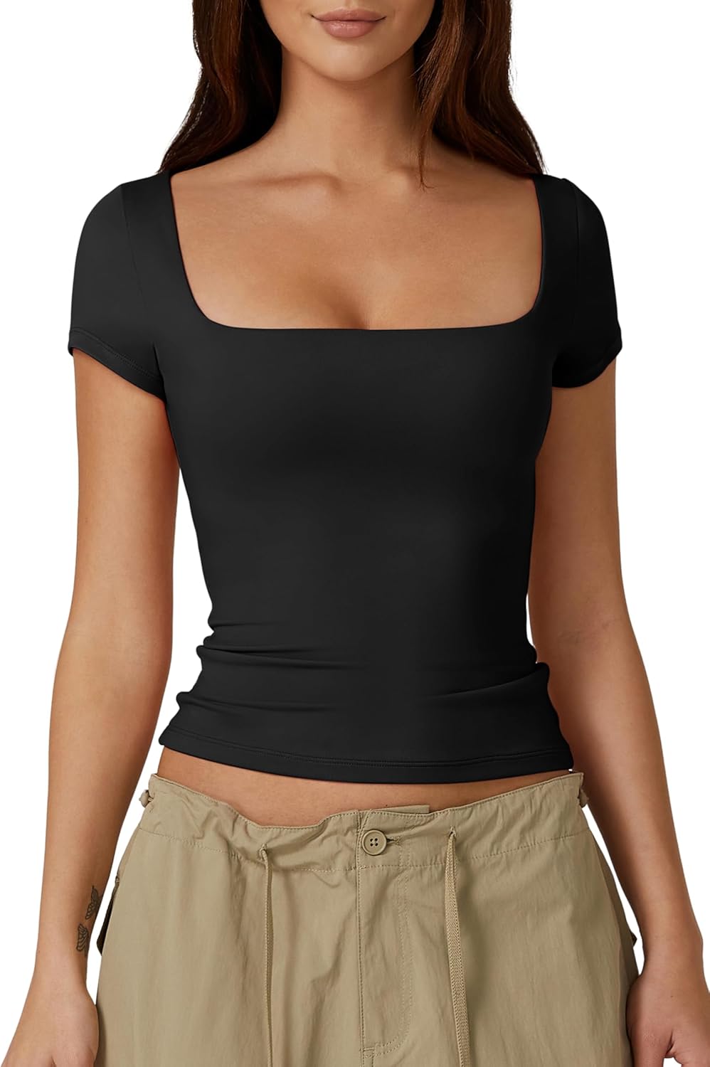 Square Neck Short Sleeve Double-Layer Tops Basic Loose Fit Going Out T Shirt