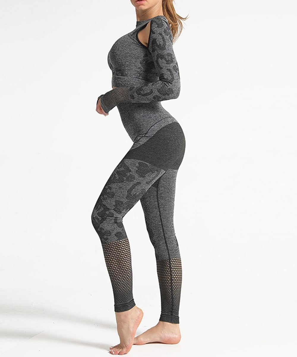 Workout Yoga Outfits Sets for Activewear High Waist Butt Lifters Leggings 2 Piece Leopard Fitness Clothes