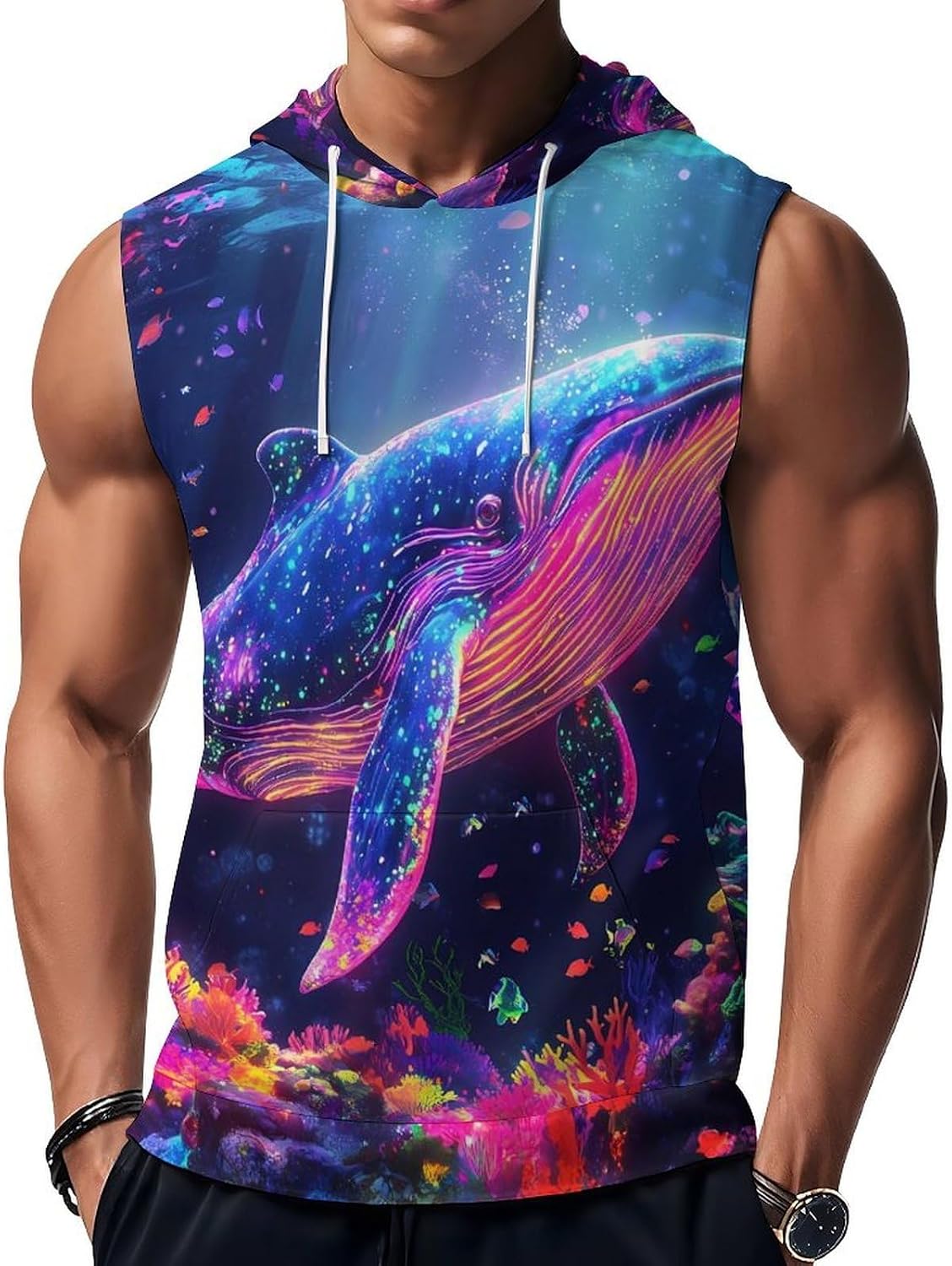 Rainbow Whale 's Workout Hooded Tank Tops Casual Gym Hoodies Muscle Cut Off Sleeveless T Shirt