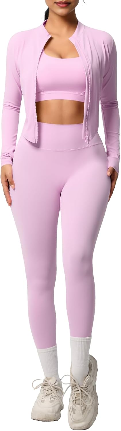 3 Piece \u2019s Workout Set \u2013 Zip-Up Jacket, Sports Bra & High-Waist Leggings \u2013 Stretchy Breathable Yoga Outfit