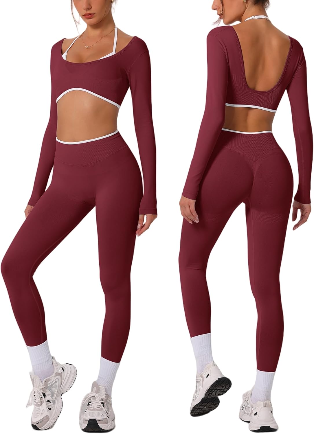 Workout sets for Long Sleeve Adjustable halter strap Crop Top and Anti-squat Pants for gym,Yoga,Pilates