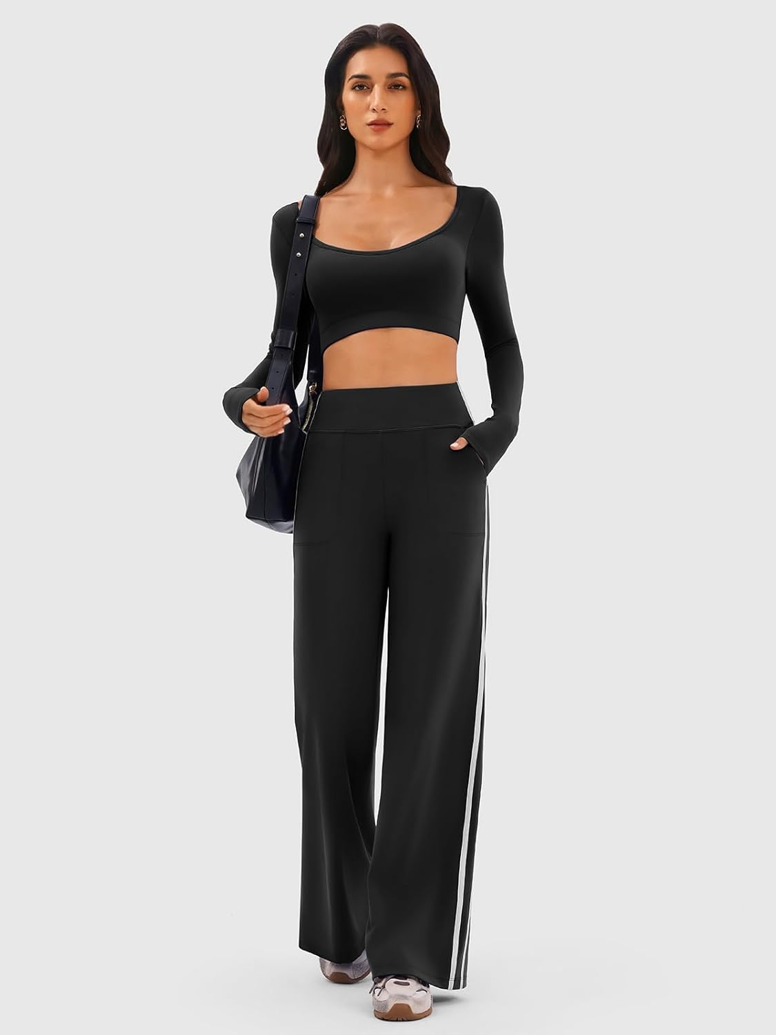 Track Pants –High Rise Yoga Sweatpants with Pockets Contrast Trim Trendy Wide Leg Pants for Gym Sport Street