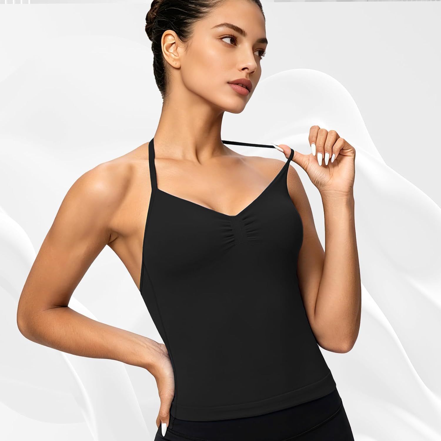 Halter Tank with Built in Bra for V Neck Soft Padded Sports Bras Strappy Tank Backless Workout Gym Top