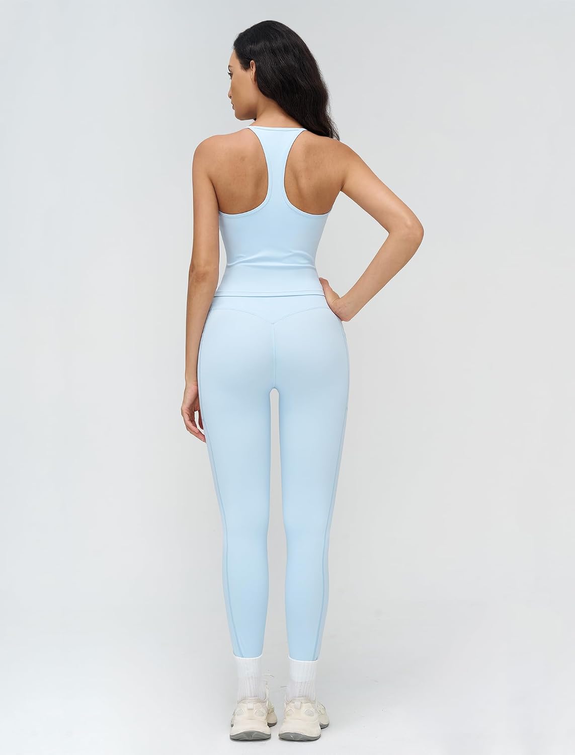 2 Piece Workout Sets for Square Neck Racerback Tank Top Crossover High Waist Leggings with Pockets for Yoga Pilates Gym