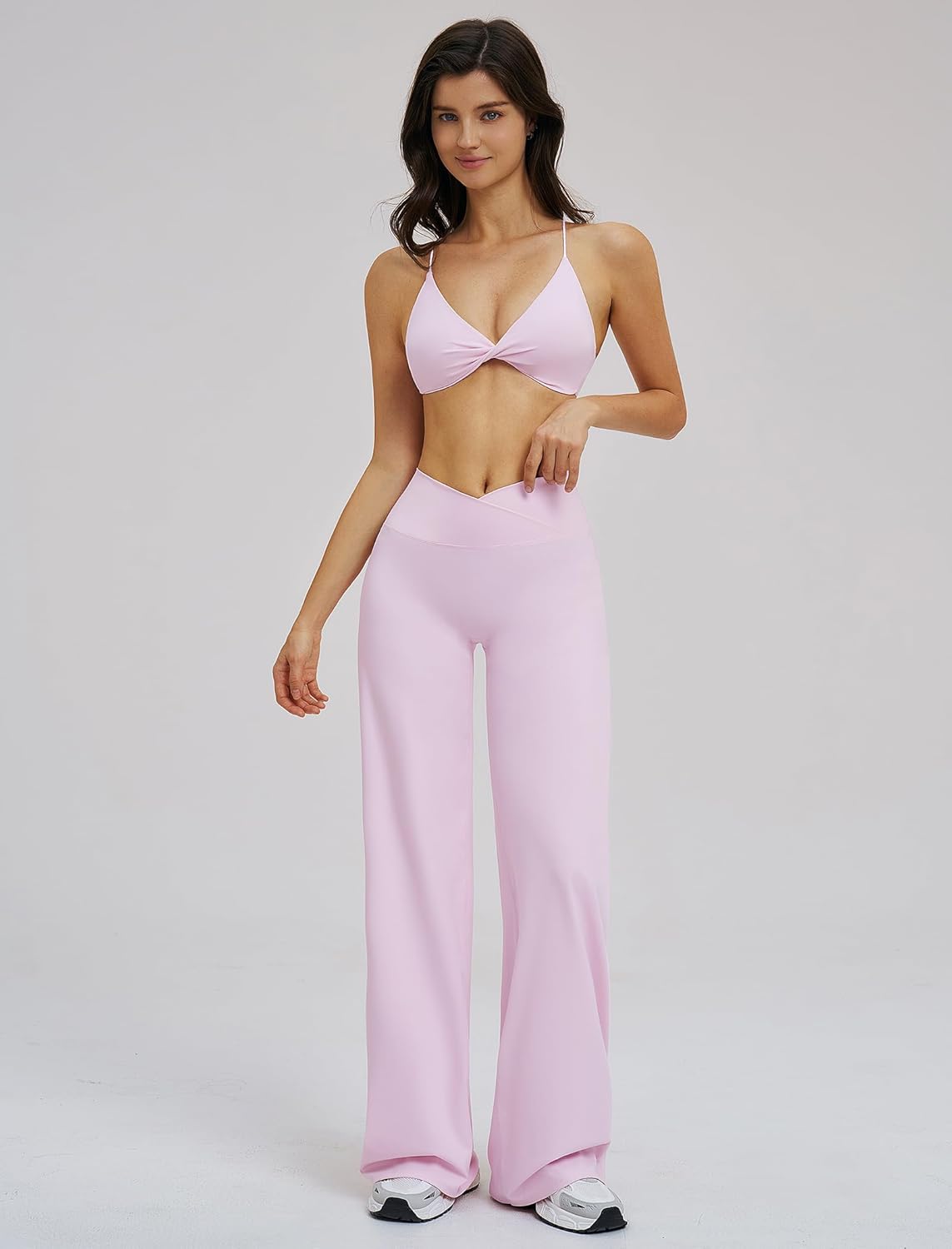 Workout Sets for Twist Front Sports Bra Matching Cross Waist Wide Leg Yoga Pants Gym Pilates Outfits