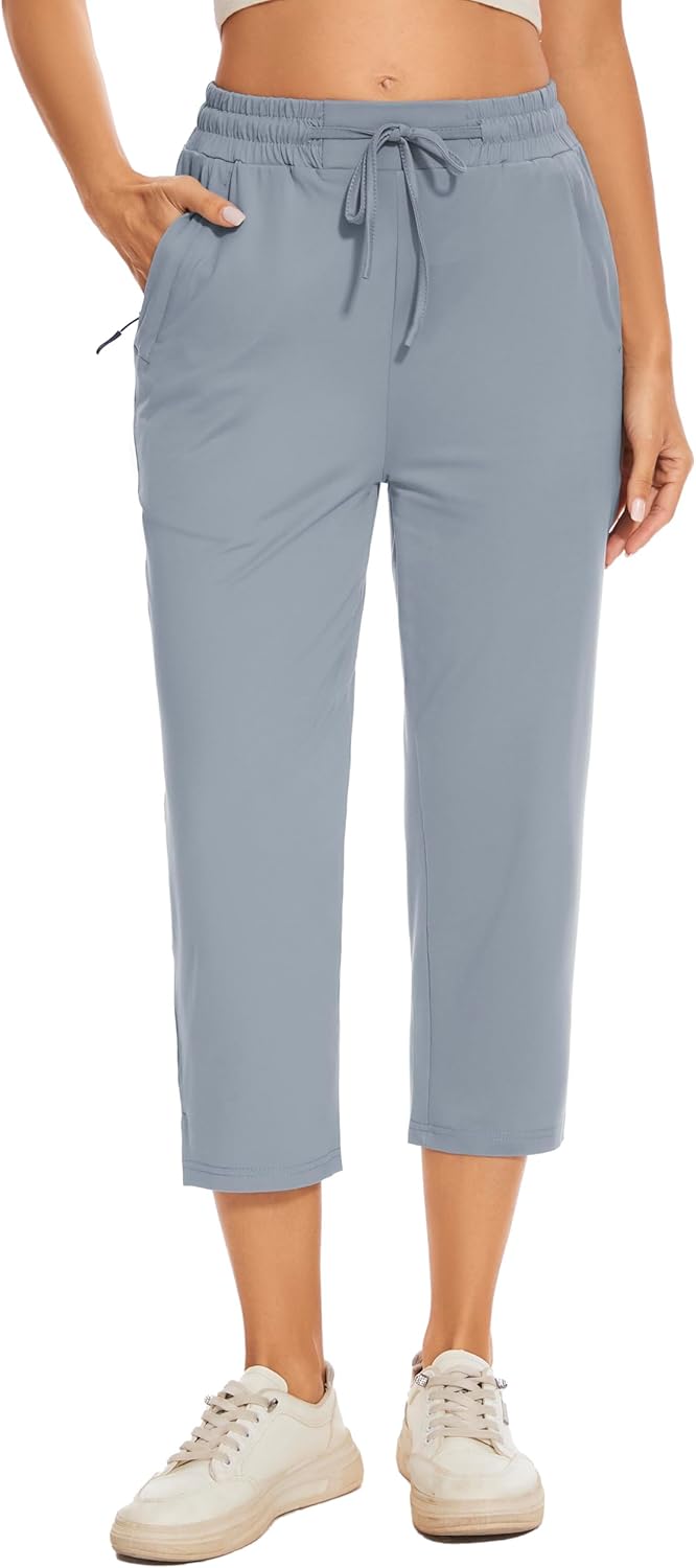 Casual Capris with Deep Zipper Pockets Drawstring Comfy Tapered Sweatpants for Golf Athletic Travel Work
