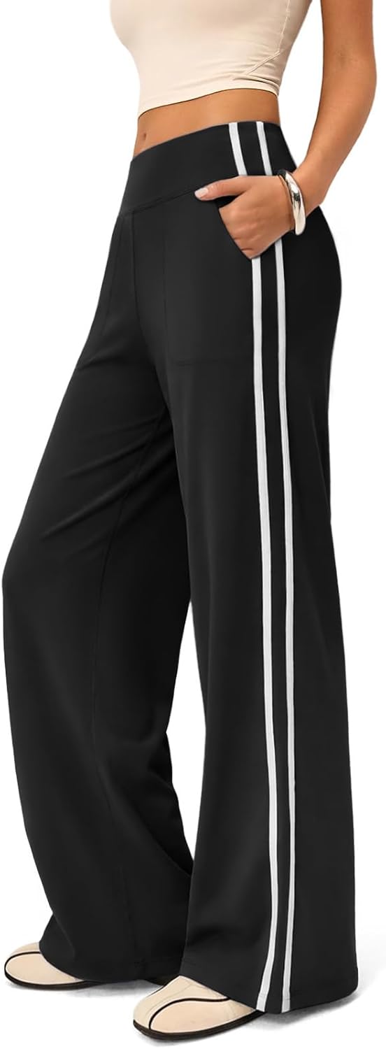 Track Pants –High Rise Yoga Sweatpants with Pockets Contrast Trim Trendy Wide Leg Pants for Gym Sport Street