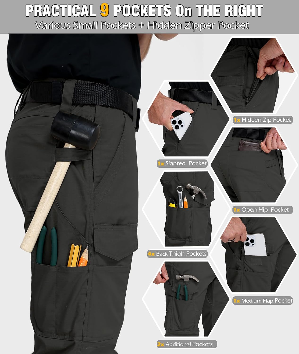 Flex Ripstop Tactical Cargo Pants Water Resistant Hiking EDC Stretch Construction Work Pants with 14 Pockets