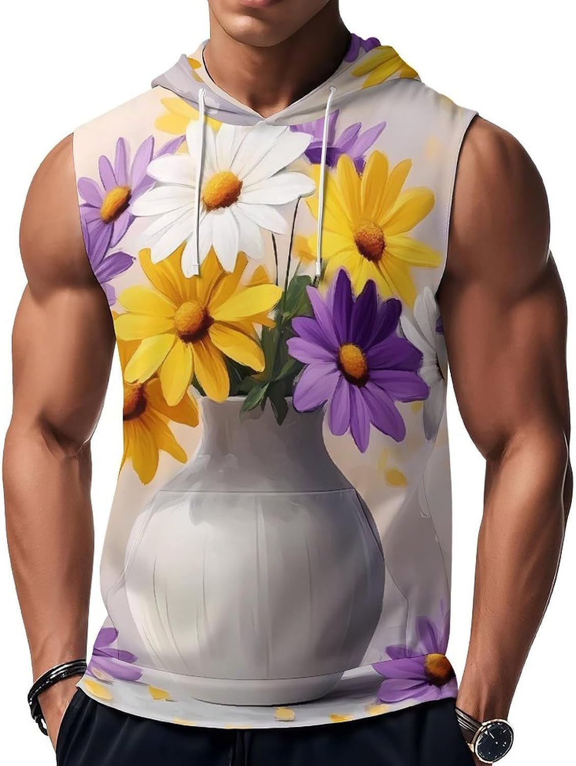 Daisies Flowers Painting 's Workout Hooded Tank Tops Casual Gym Hoodies Muscle Cut Off Sleeveless T Shirt